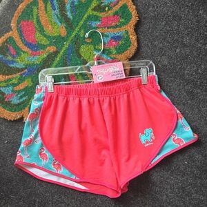 Puppie Love Pink and Green Athletic Shorts with Curved Hem and Elastic Waistband